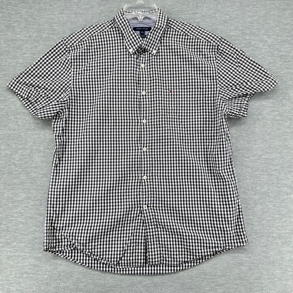 Tommy Hilfiger Shirt Women XL Navy Gingham Custom Fit Short Sleeve Button Down